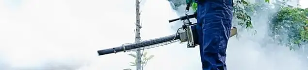 Pest control technician fogging an outdoor area for insect control in Erie, PA