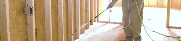 Termite treatment technician applying spray along framing and unfinished walls in Erie, PA